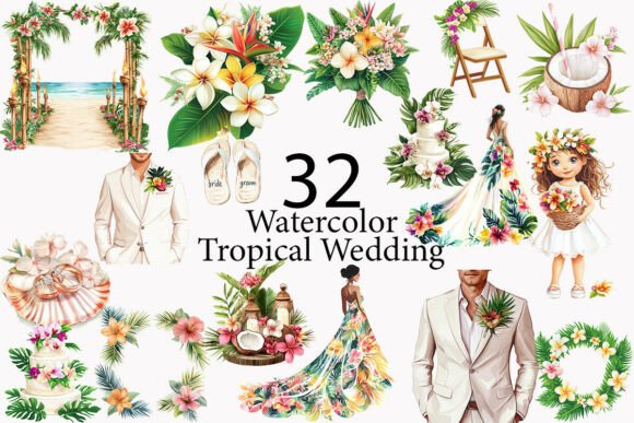 Tropical Wedding Watercolor Clipart: 32 Designs for Your Projects