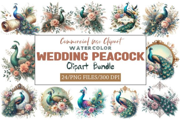 Wedding Peacock Clipart Bundle: 24 Elegant PNG Designs