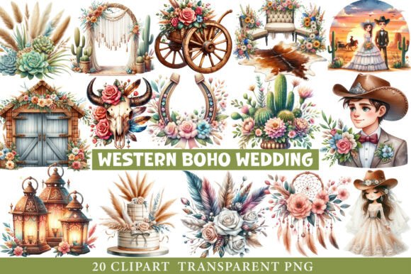 Western Boho Wedding Clipart Bundle: Effortless Rustic Charm